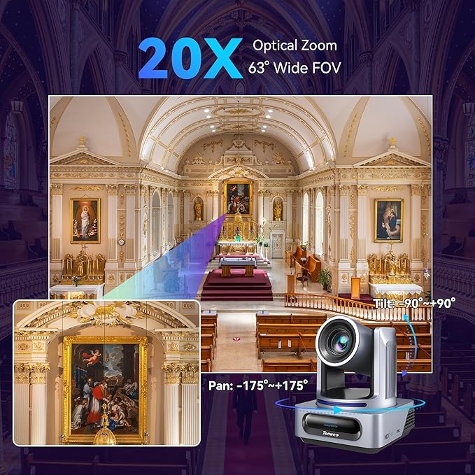 Tenveo 4K NDI PTZ Camera AI Auto-Tracking 20X Optical Zoom 3G-SDI USB3.0 HDMI LAN PoE IP Live Streaming for Church Worship Events Broadcast Video Conference YouTube OBS vMix Zoom Teams
