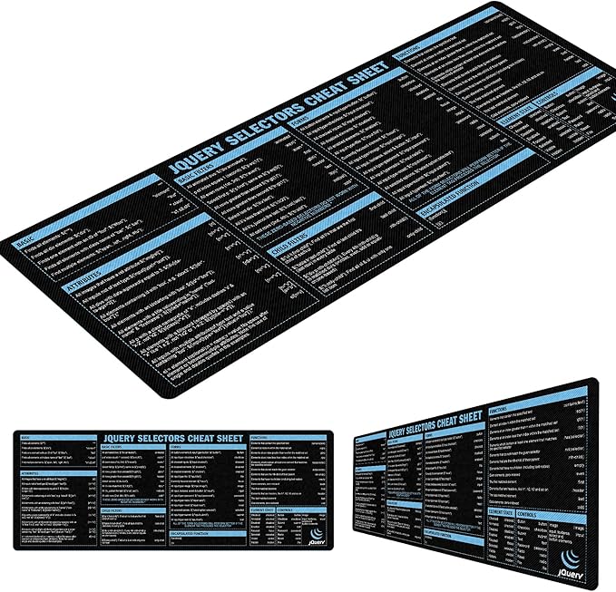 jQuery Selectors Cheat Sheet Mouse Mat KMH Mouse Pad for Web Developers JavaScript Learners Coder Computer jQuery Large Desk Mat Essential Computer Accessories for Study Work and Reference Purposes