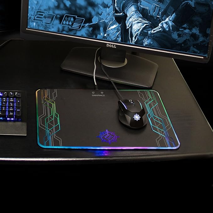 ENHANCE LED Gaming Mouse Pad RGB - Hard Mouse Pad with 7 Light Up Modes and Brightness Controls - Large Surface (13.75 x 9.8 in) with Glowing Lights and Rubber Non-Slip Grip for Desktop Gamers