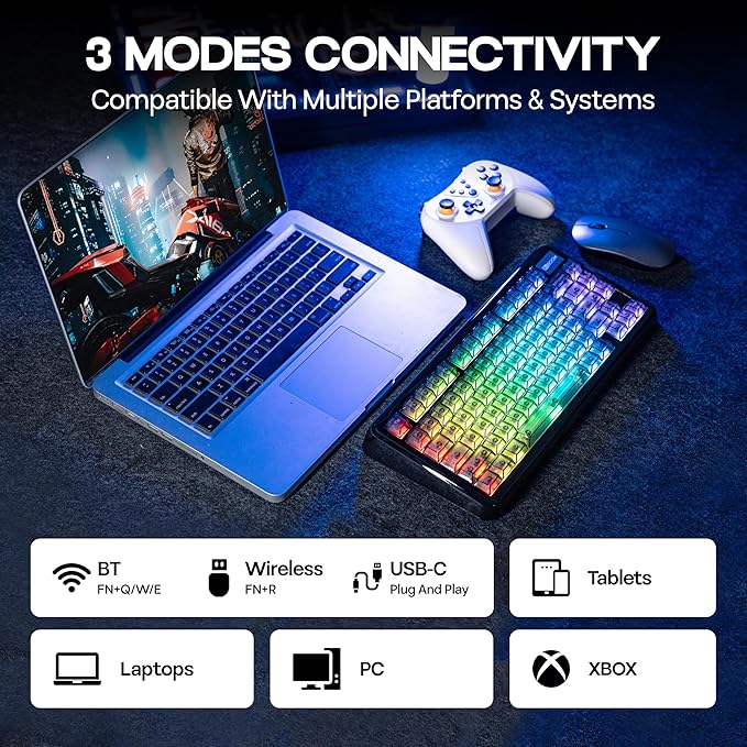 KiiBoom Phantom81 Lite 75% Gasket Mechanical Keyboard QMK&ampVIA Programmable 3 Modes Wireless Gaming Keyboard RGB Backlights ABS Case + UV Tech Hot-Swappable for Windows/Mac/Linux (Black)
