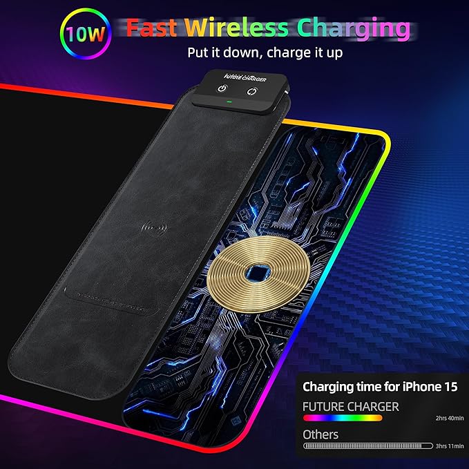Gaming Mouse Pad Wireless Charging Mouse Pad Gaming 31.5x11.8 Large RGB Desk Mat for Laptop/Computer/Keyboard 9 Light Modes Waterproof Smooth Surface Non-Slip Base Black