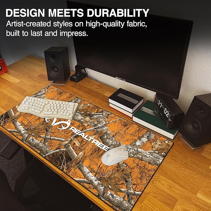 MPCO. Real Tree Large Gaming Desk Pad - 36 x 17 Duraglyde Fabric Edge Orange – with Logo Desk Mats - Non-Slip Washable Smooth Glide for Precision Gaming &amp Work