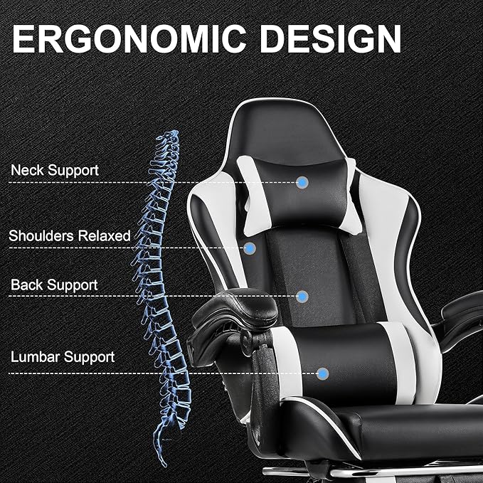 VECELO Ergonomic Gaming Chair with Footrest Comfy Recliner Computer Chair Swivel Seat Height Adjustable High Back PU Leather Lumbar Support Headrest for Adults Black