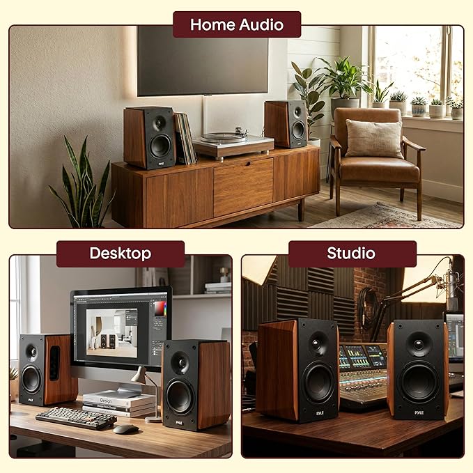 Pyle Powered Bookshelf Speaker System with Bluetooth 80W Active Stereo Speakers Bass Reflex Natural Wood Cabinet Hi Def ARC Optical Coax Subwoofer Out for Home Theater Computer Studio (Pair)