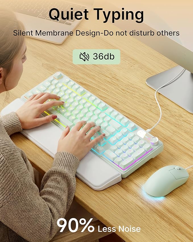 C98 Wired Keyboard and Mouse Combo Wired Computer Keyboards with Wrist Palm Double-Shot Keycaps Silent RGB Backlight Keyboard for Windows/MAC/PC (Green)