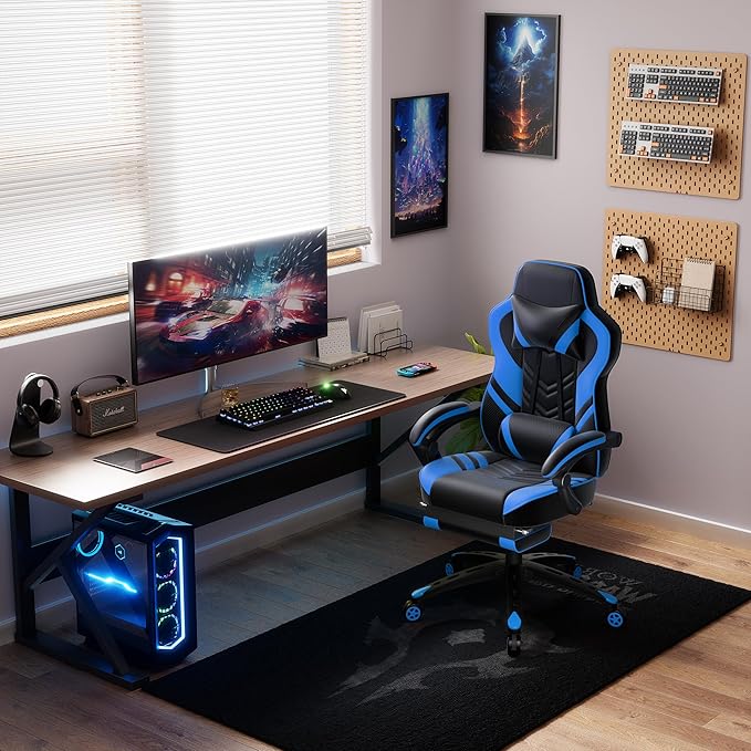 POWERSTONE Gaming Chair Video Game Chair with Footrest and Lumbar Support Racing Style PU Leather Computer Chair Ergonomic Adjustable Swivel Task Chair Blue
