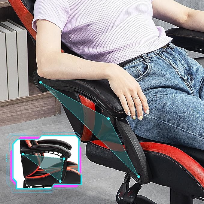 Massage Gaming Chair w/Footrest Ergonomic High Back PC Chair w/Headrest and Lumbar PU Swivel Home Desk Office Chair Red