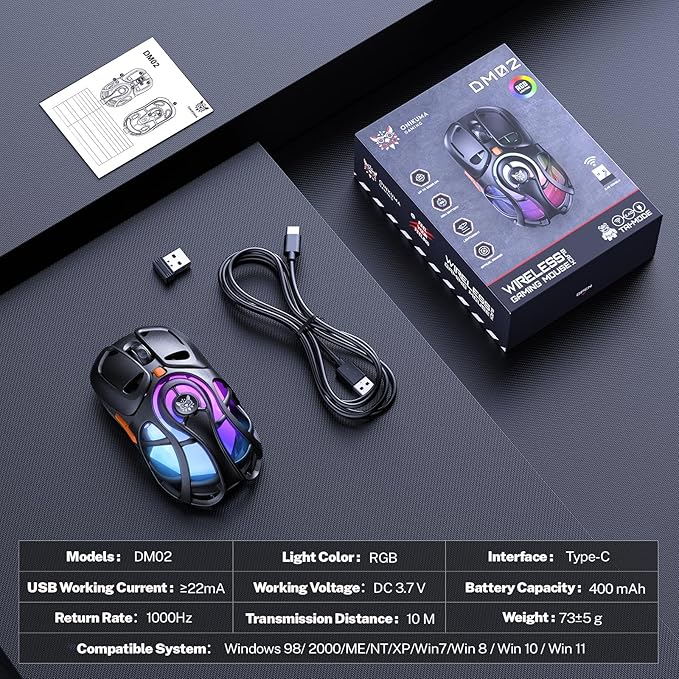 Wireless Gaming Mouse Tri-Mode 2.4G/Bluetooth/USB-C 12800 DPI 6 RGB Backlit 73g Ultra-Light Computer Mice 2000Hz Polling Rate 400mAh Rechargeable for PC/Mac/Laptop (Black)