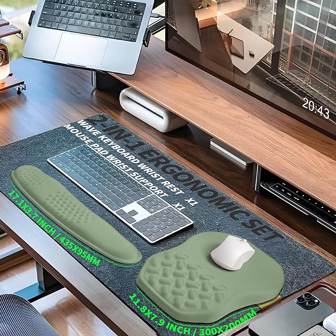 2-in-1 Ergonomic Set Wave Keyboard Wrist Rest and Massage Slope Mouse Pad Wrist Support Rebound Memory Foam for Relieve Carpal Tunnel Syndrome and Wrist Pain (Olive Green)