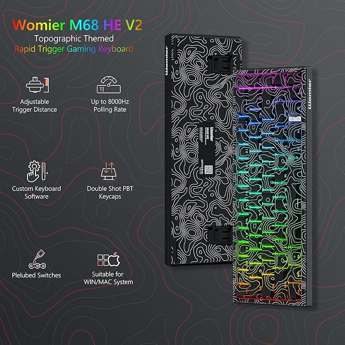 Womier M68 HE V2 Rapid Trigger Keyboard 60% Percent Hall Effect Topographic Gaming Keyboard Wired RGB Custom Mechanical Key Board with Magnetic Switch PBT Keycaps for Mac/Win (Black)
