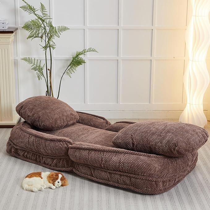 Floor Chair with Back Support Folding Sofa Chair with 5 Adjustable Position Plush Floor Gaming Chair Meditation Chair for Lazy Boys Human Dog Bed for Living Room Bedroom Lounge Brown
