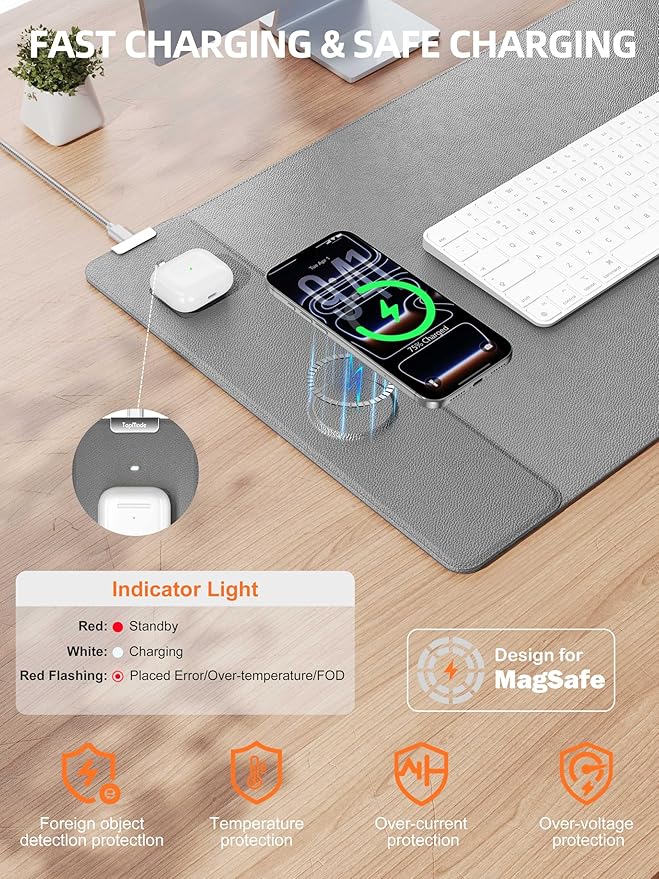 TopMade Mouse Pad with 15W Wireless Charging XXL Large Leather Desk Mat Waterproof Gaming Mousepad Home Office Desk Pad Protector Computer Keyboard Pad Mouse Mat for MacBook PC Laptop Gray