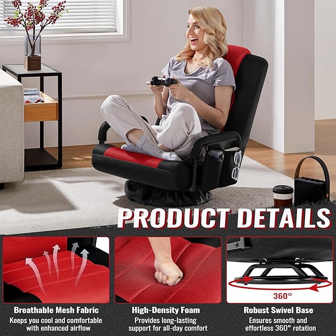 Yaheetech Floor Gaming Chair Swivel Video Game Chair Multipurpose Lazy Lounger Couch for Playing Games TV Reading with 6 Adjustable Position Side Pocket Armrest Handles