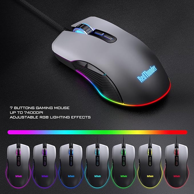 RedThunder K10 Wired Gaming Keyboard Mouse Wrist Rest Combo RGB Backlit Mechanical Feel Anti-ghosting Keyboard + 7D 7200 DPI Mice+Soft Leather Wrist Rest 3 in 1 PC Gamer Accessories(Gradient Gray)