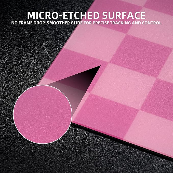 Pink Checkerboard Tempered Glass Gaming Mouse Pad Large Hard Mouse Mat 410mm×310mm Ultra-Smooth Glass Surface for Speed &amp Precision Control