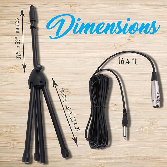 Professional Handheld Dynamic Microphone Kit - Unidirectional Vocal Wired Microphone w/Carry Bag Metal Mic Stand Holder/Clip &amp 16.4ft XLR Audio Cable to 1/4'' Audio Connection - Pyle PDMIC88ST