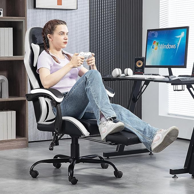 Massage Gaming Chair with Footrest Ergonomic PU Leather Computer Chair w/Headrest and Lumbar Height Adjustable 360° Swivel Desk Office Chair White