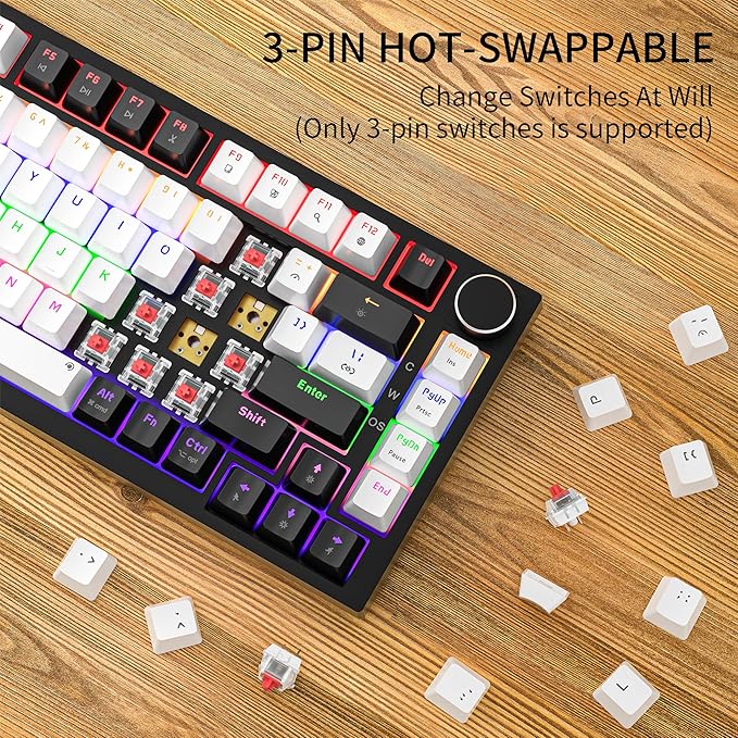 Newmen GM326 Wired Mechanical Keyboard75% Percent Mini Backlit Hot Swappable Gaming Mechanical Keyboard with Knob82 Keys Anti-Ghosting Compact Gaming Keyboards for PC Win MacBlack/WhiteRed Switch