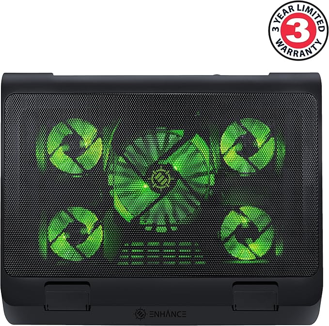 Enhance Gaming Laptop Cooling Pad Stand with LED Cooler Fans Adjustable Height &amp Dual USB Port for 17 inch Laptops - 5 Ultra Quiet High Performance Fans 2630 RPM &amp Built-in Bumpers - Green