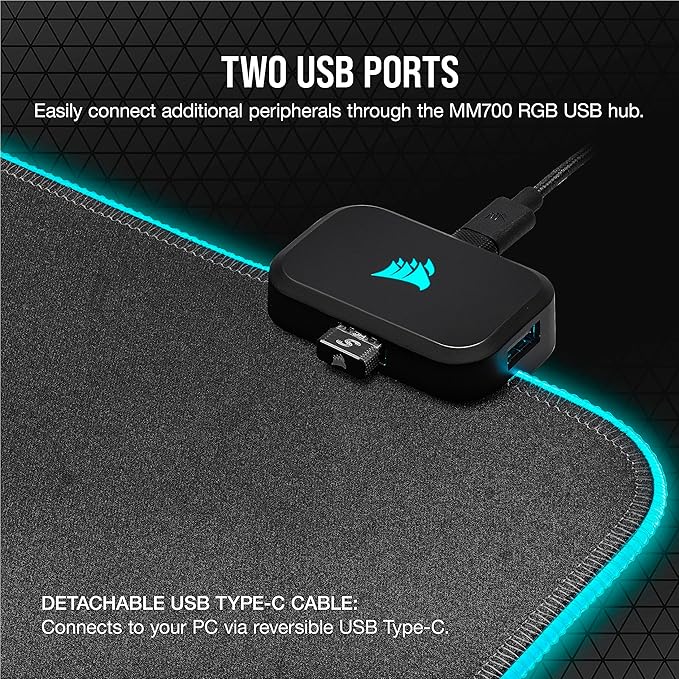 Corsair MM700 RGB Extended Cloth Gaming Mouse Pad - 36.6 x 15.8 - 360° RGB Lighting - Two USB Port Hub - Thick Rubber - Black
