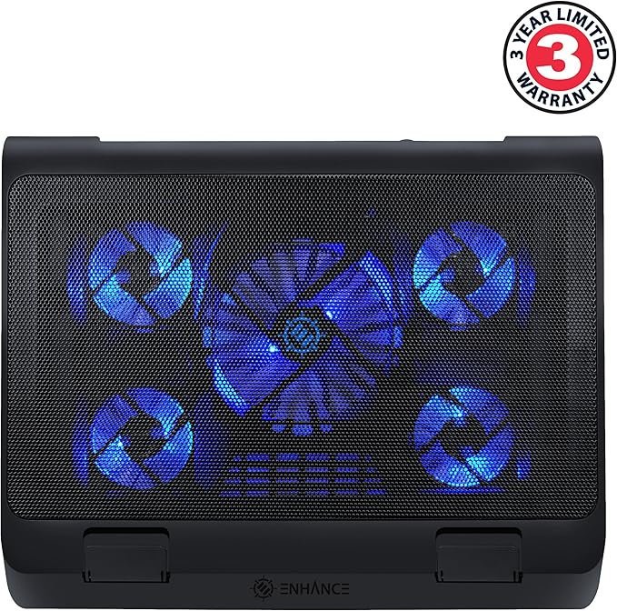 ENHANCE Gaming Laptop Cooling Pad Stand with LED Cooler Fans  Adjustable Height  &amp Dual USB Port for 17 inch Laptops - 5 Ultra Quiet High Performance Fans 2630 RPM &amp Built-In Bumpers - Blue