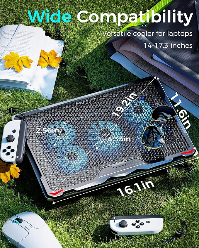 AICHESON Laptop Cooling Pad 5 Fans Up to 17.3 Inch Heavy Notebook Cooler Blue LED Lights 2 USB Ports S035 Blue-5fans