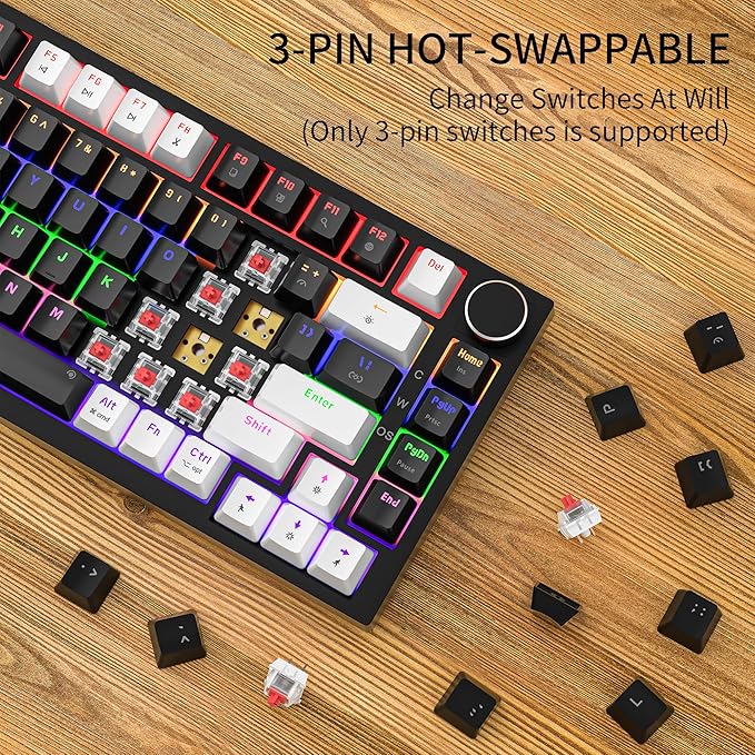 Newmen GM326 Wired Mechanical Keyboard75% Percent Mini Backlit Hot Swappable Gaming Mechanical Keyboard with Knob82 Keys Anti-Ghosting Compact Gaming Keyboards for PC Win MacWhite/BlackRed Switch